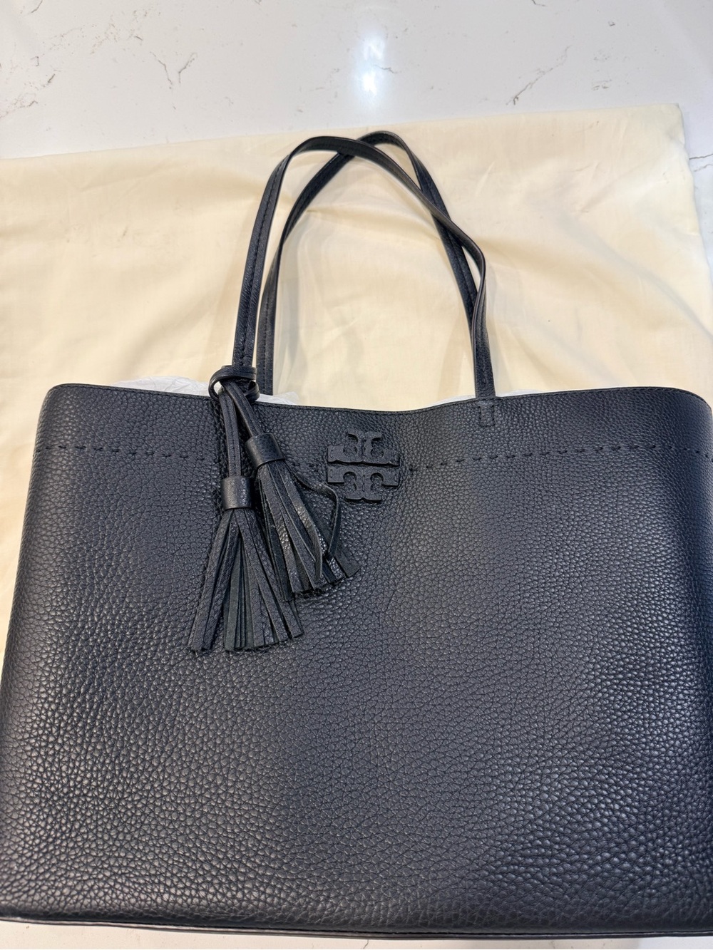 Tory Burch Black Pebbled Leather Tote with Tassel Accents